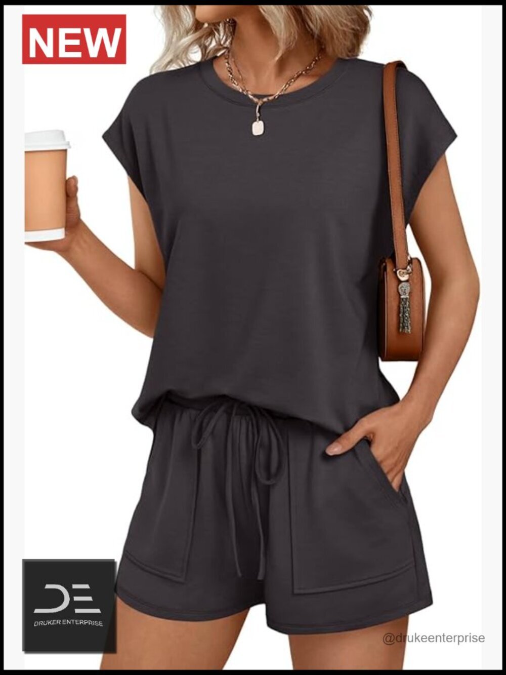 Crew Neck Two Piece Short Set Cap Sleeve Drawstring Summer Sweatsuit with